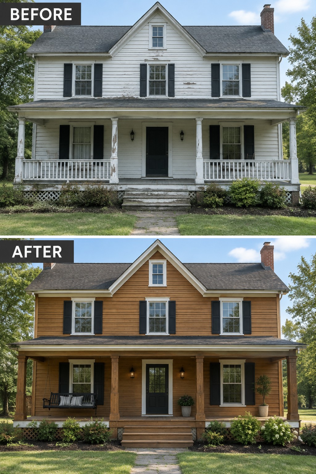 Before and after views of two-story house repainted from white to brown with porch updates.