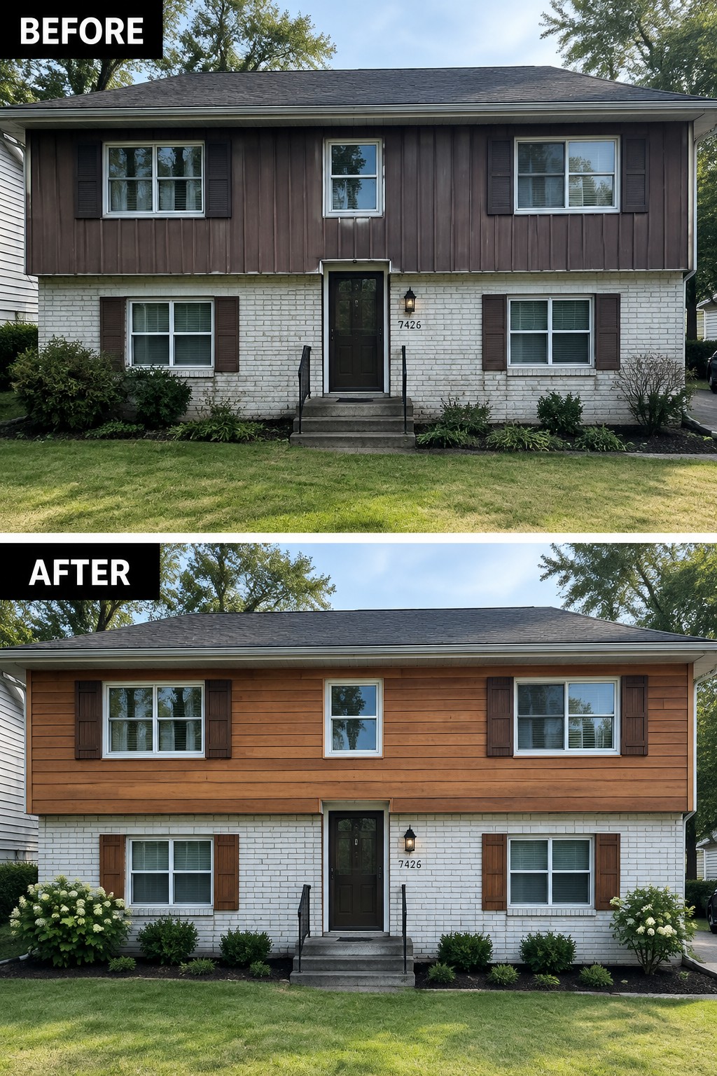 Before and after of two-story house with dark brown siding changed to light wood