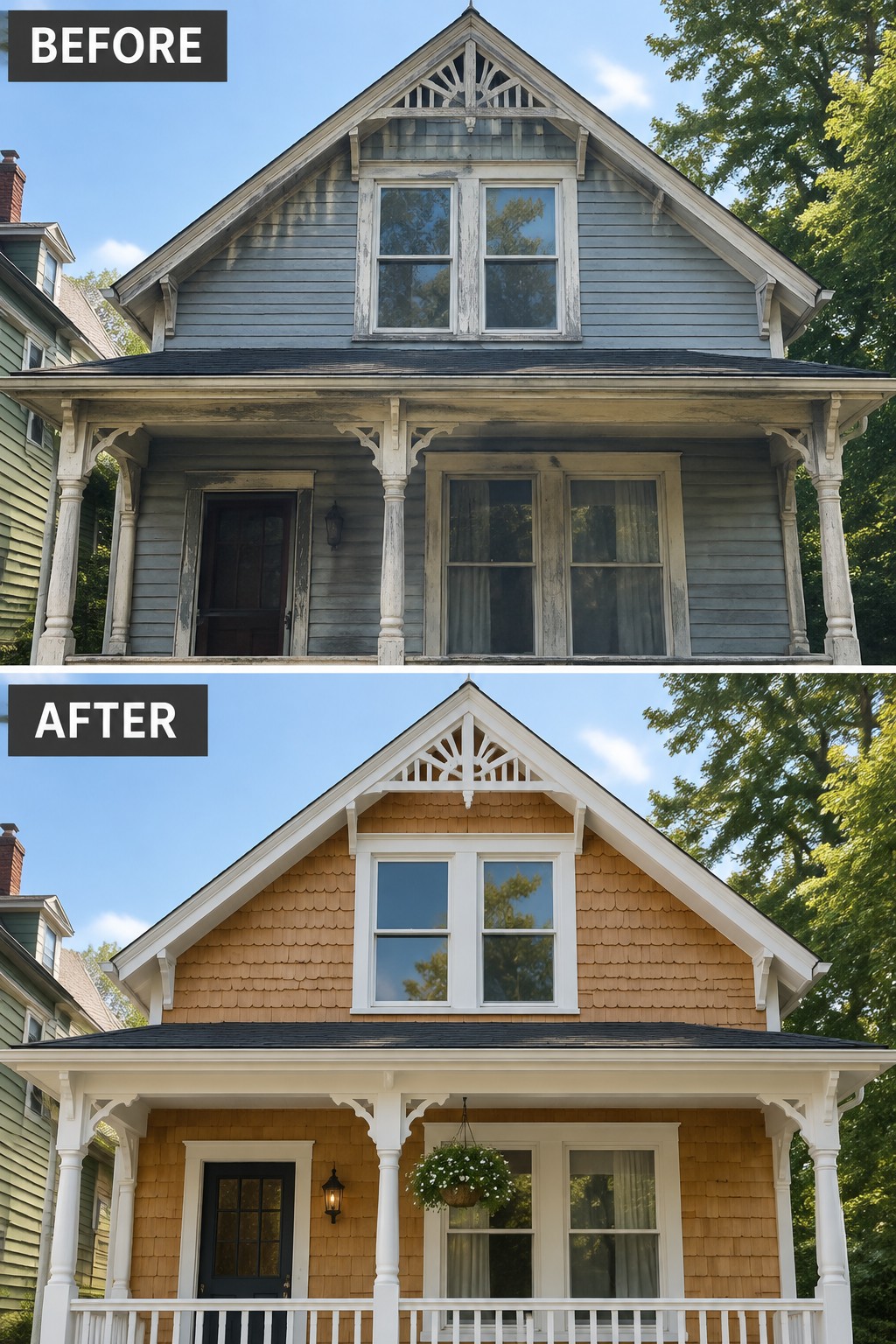 Before-and-after image of a traditional house showing weathered gray siding replaced with warm cedar-look shingles and updated white trim.