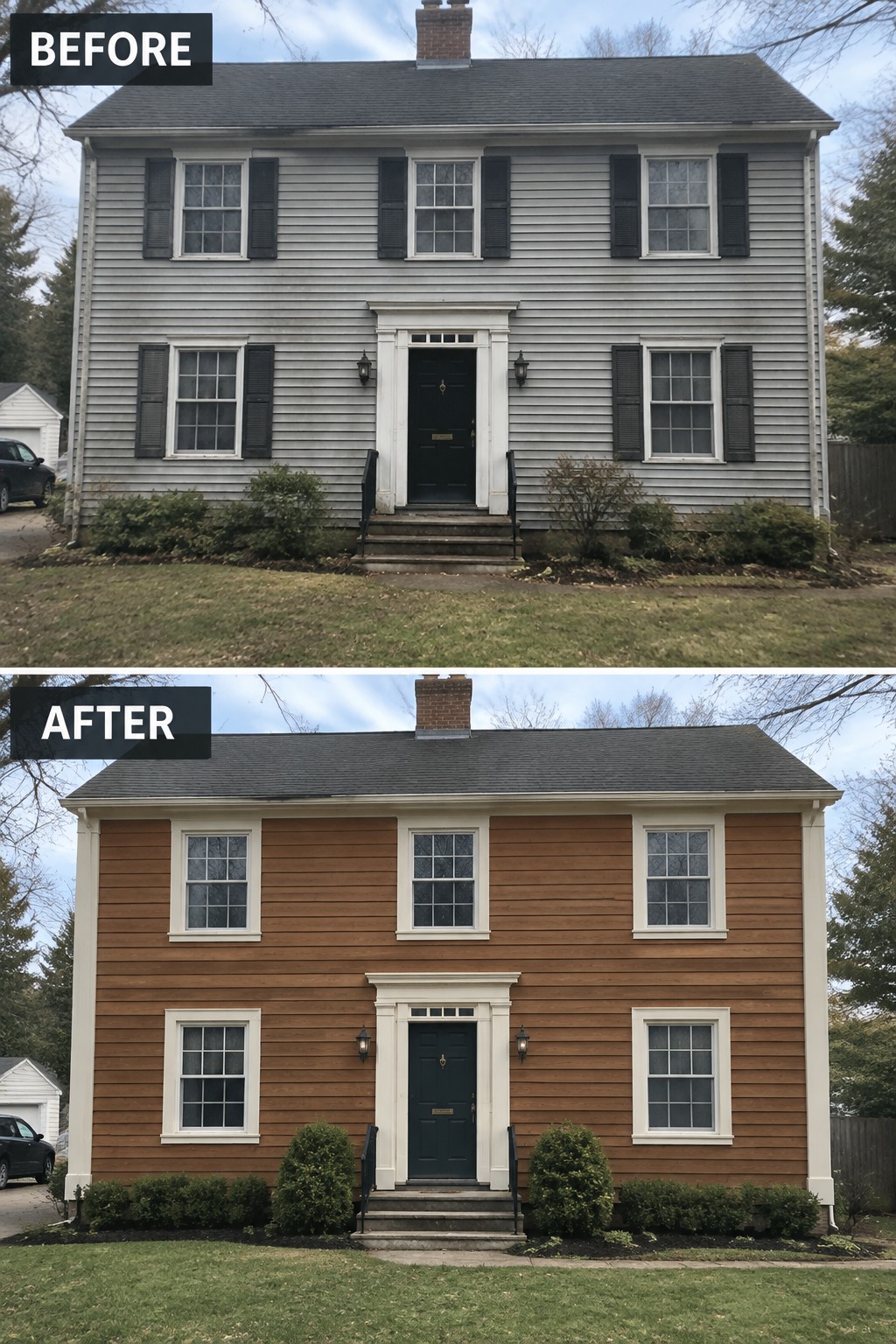 Before-and-after image of a two-story house with gray siding changed to cedar-look brown siding and white trim.