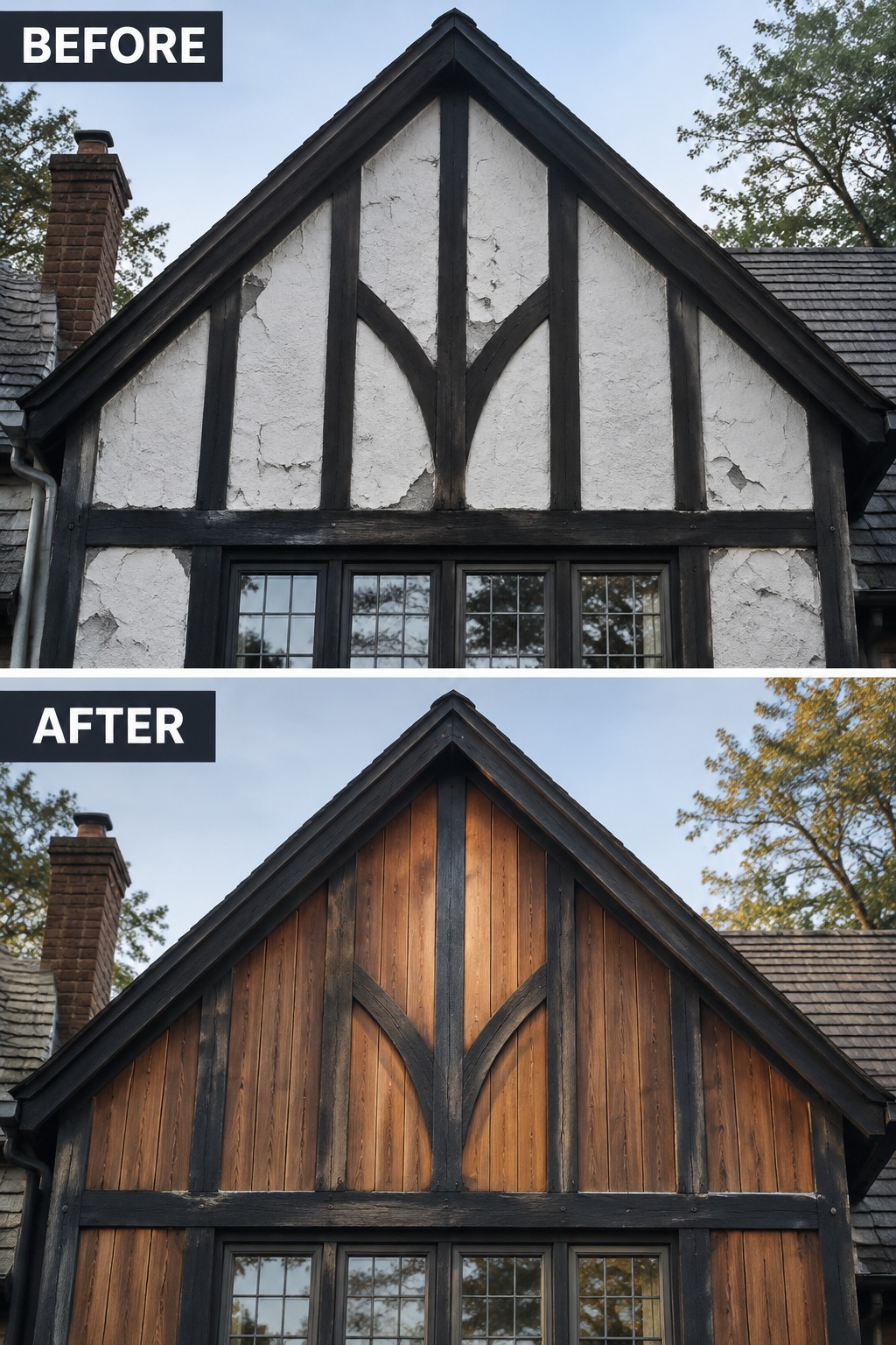 Before and after of Tudor gable: peeling white stucco replaced by brown wood panels