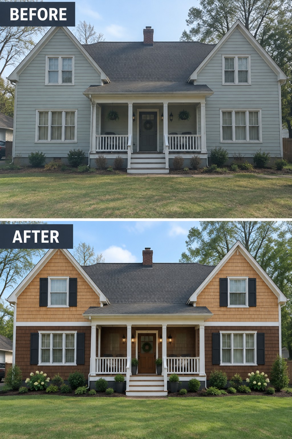 Before-and-after image of a traditional house with light gray siding updated to cedar-look siding in warm tones with black shutters added.