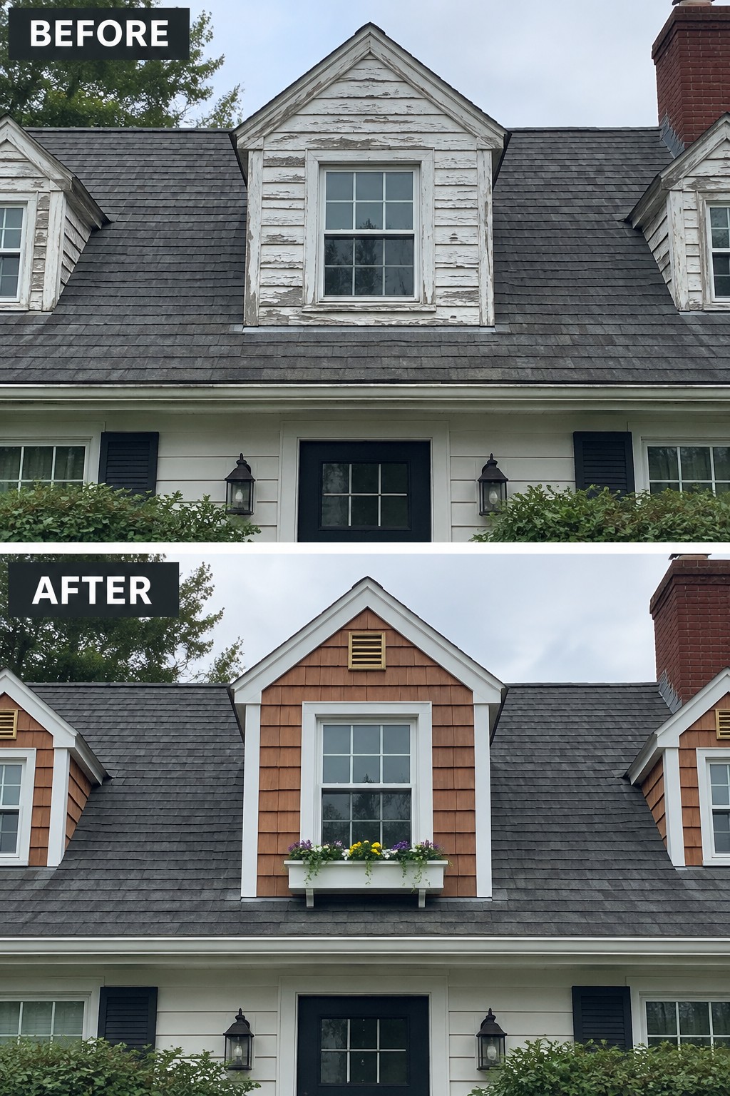 Before-after dormer renovation: peeling white siding replaced by brown cedar shingles and flower box
