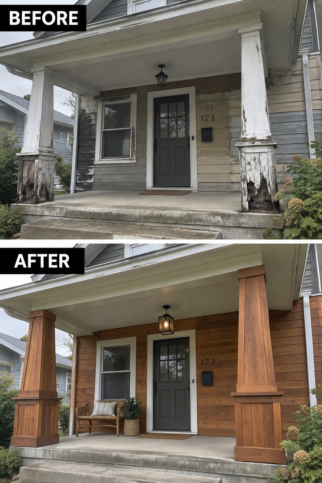 Before and after porch renovation: peeling paint replaced by brown wood siding and columns.
