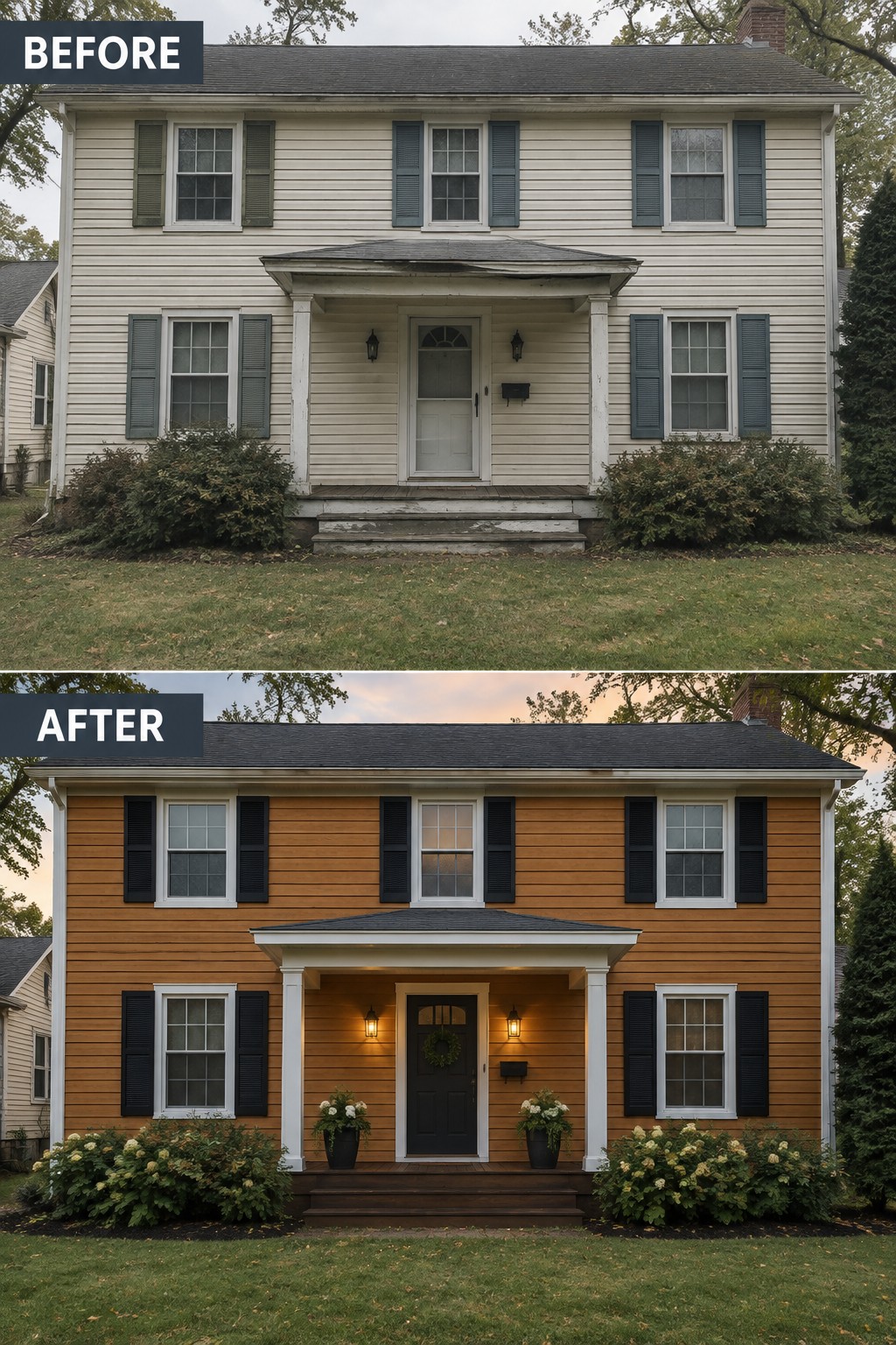Before-and-after image of a two-story traditional house with faded light siding changed to a warm cedar-look finish, black shutters, and a darker front door.