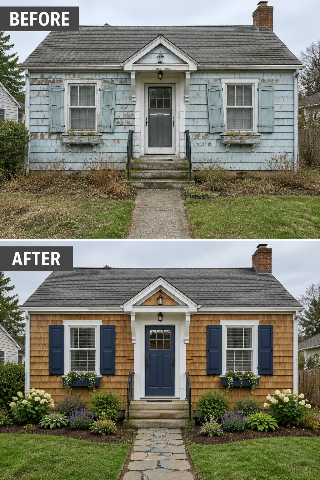 Before-and-after image of a traditional house with faded peeling blue siding updated to warm cedar-look siding, dark blue shutters and door, and a new stone path with garden beds.