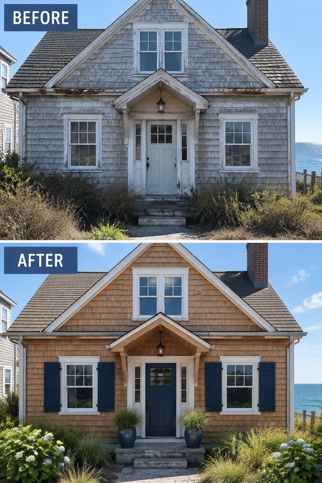 Before-and-after views of a coastal house renovated from weathered gray to brown with blue accents