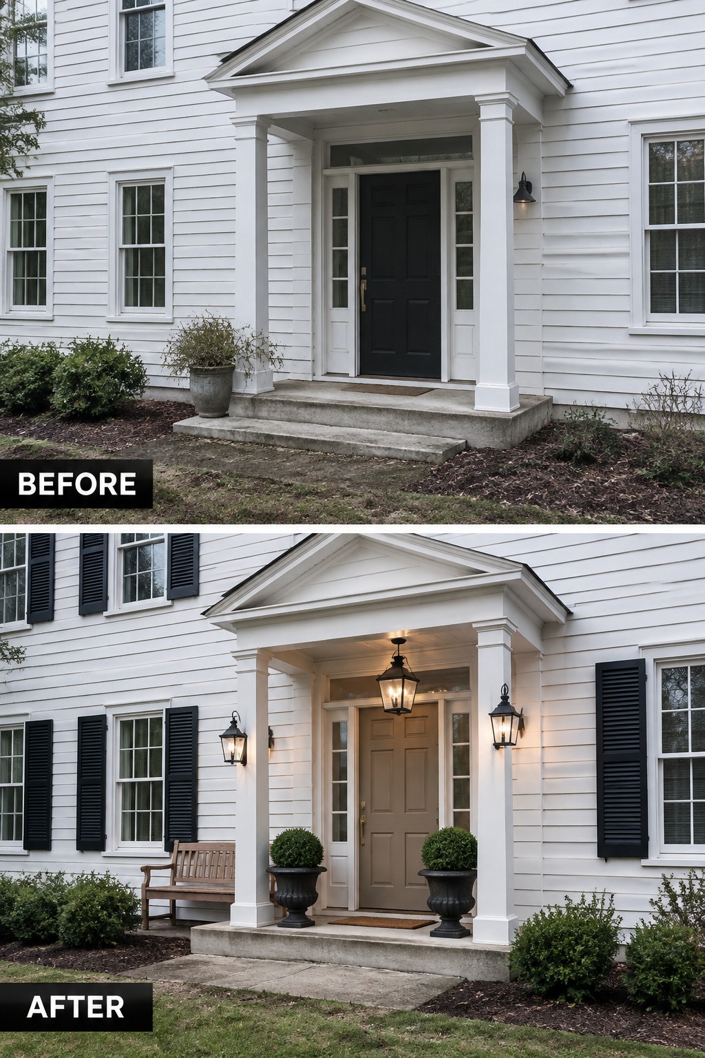 Before and after views of white house entrance with new door, lights, and planters