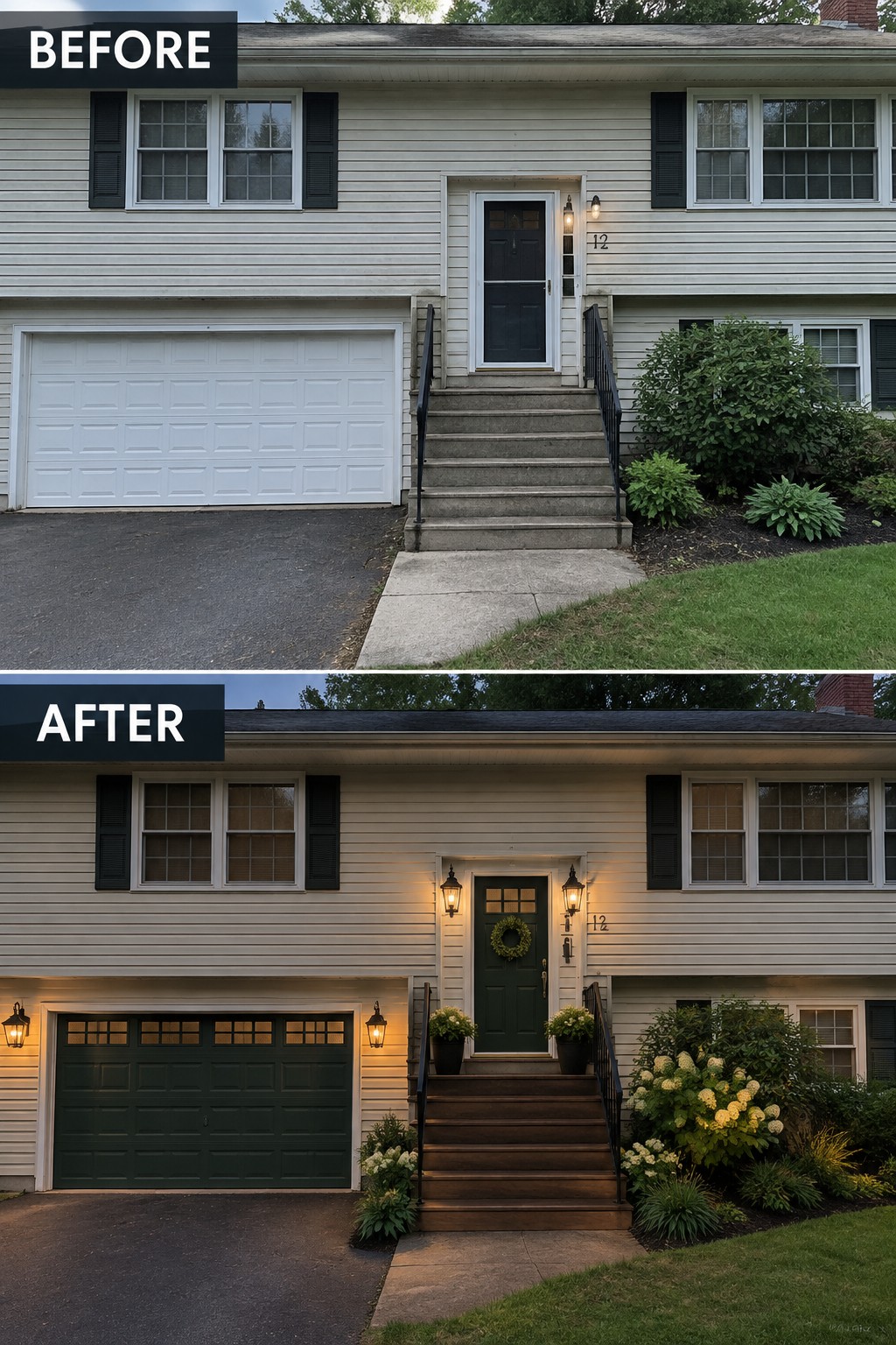 Before-and-after house exterior with dark green door, garage, wooden stairs and new landscaping