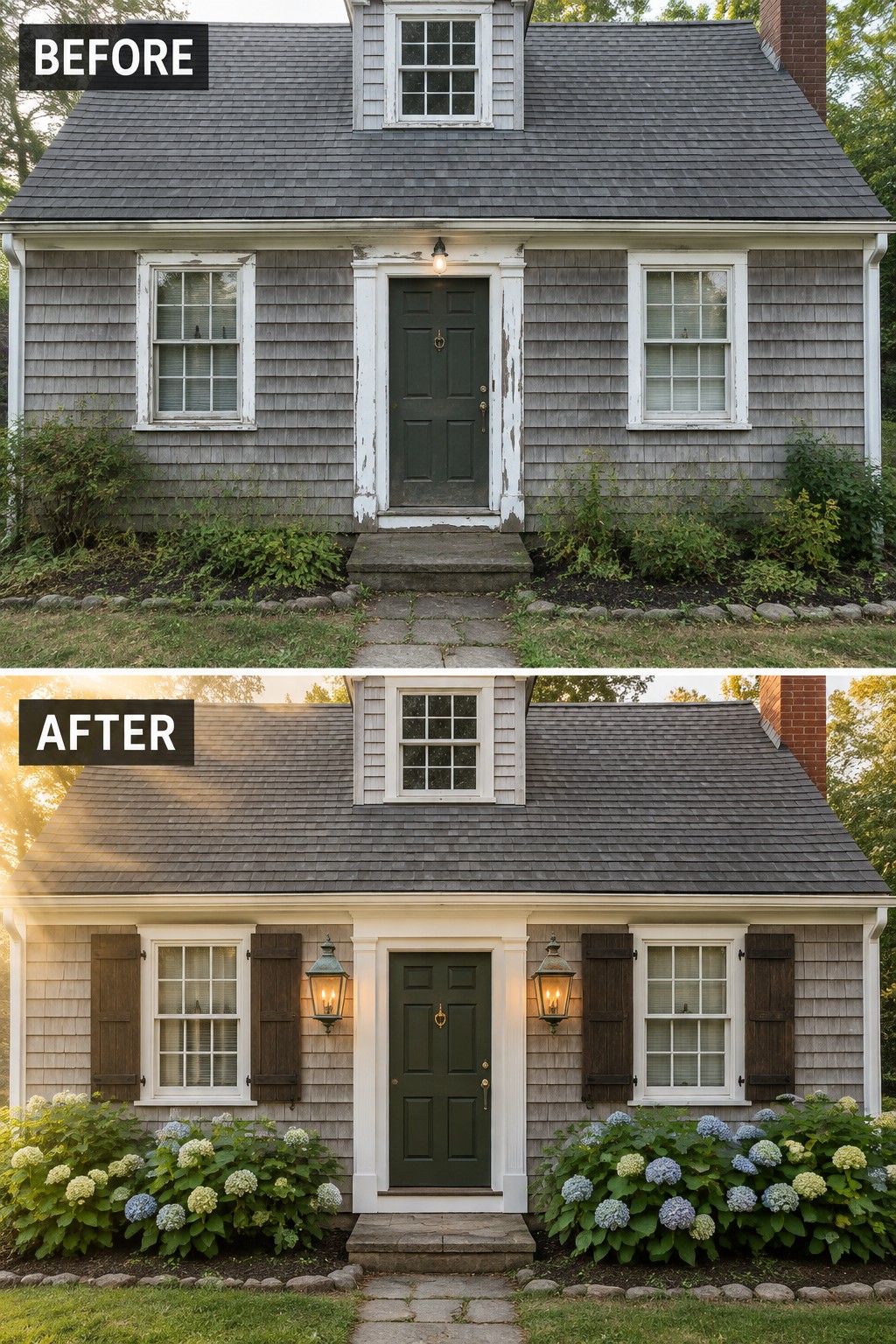 Before and after of gray shingled house with new shutters, lanterns, and hydrangeas
