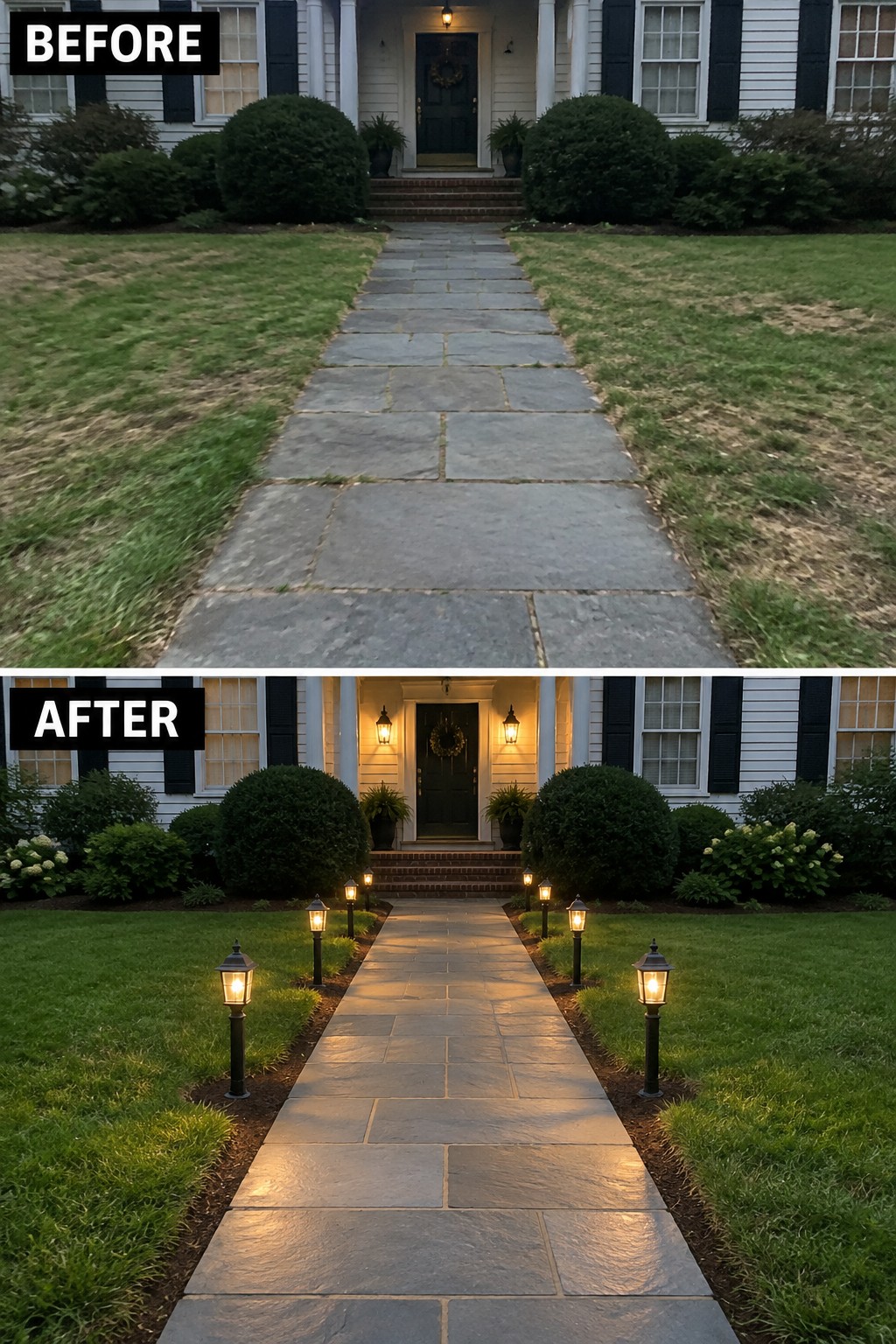 Before-and-after image of a colonial house stone walkway updated with traditional black lantern path lights lining both sides.