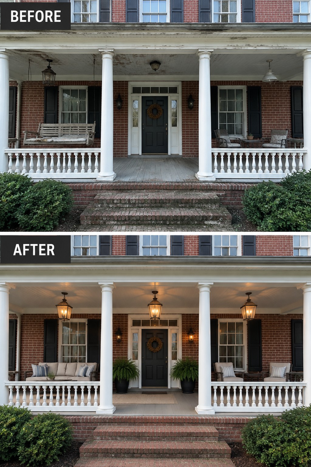 Before-and-after image of a colonial house front porch updated with traditional lantern lighting, fresh seating, and potted plants.