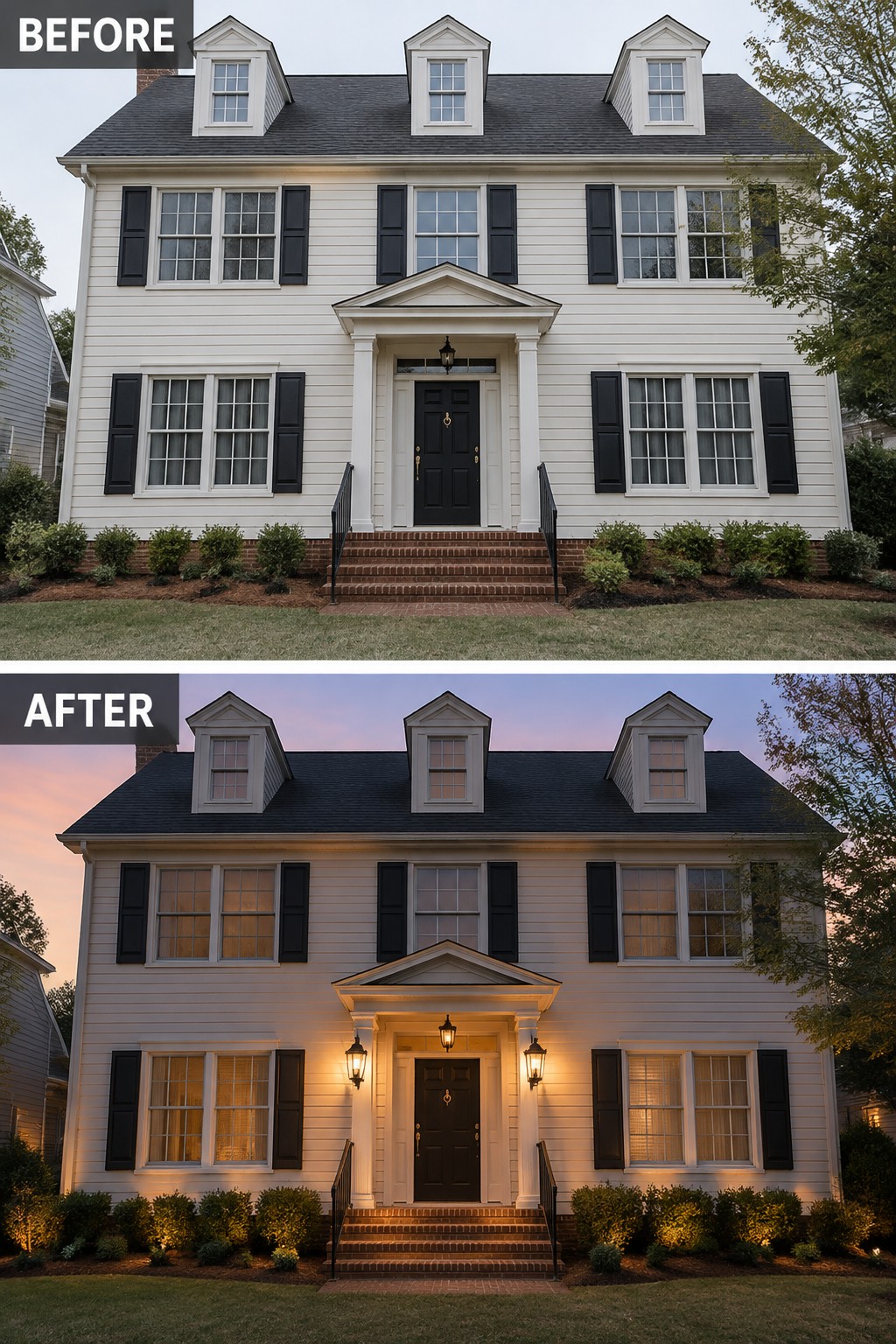 Before and after of white colonial house with added warm exterior lighting at dusk