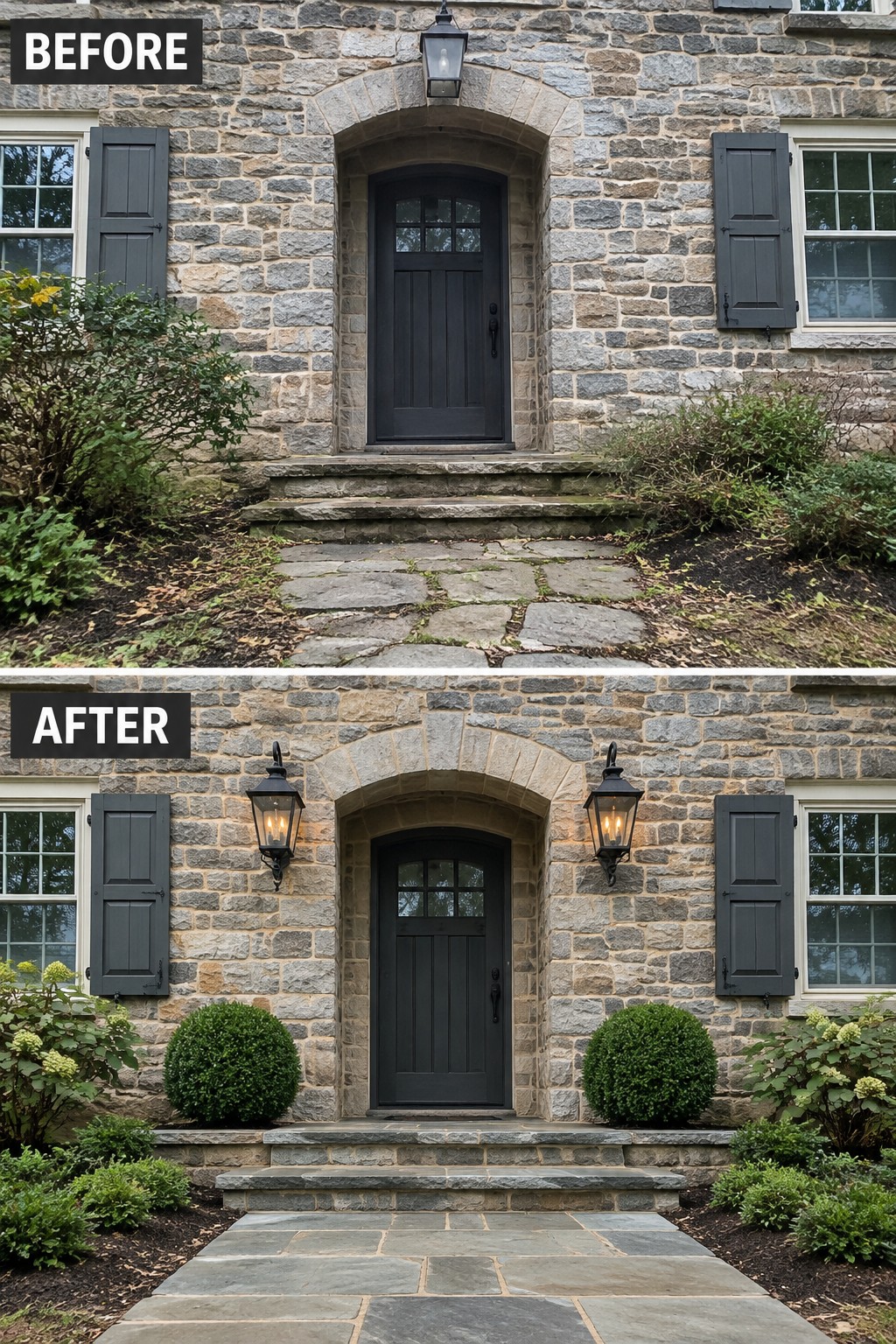 Before-and-after image of a stone house entry updated with a pair of traditional lanterns flanking the door and refreshed landscaping.
