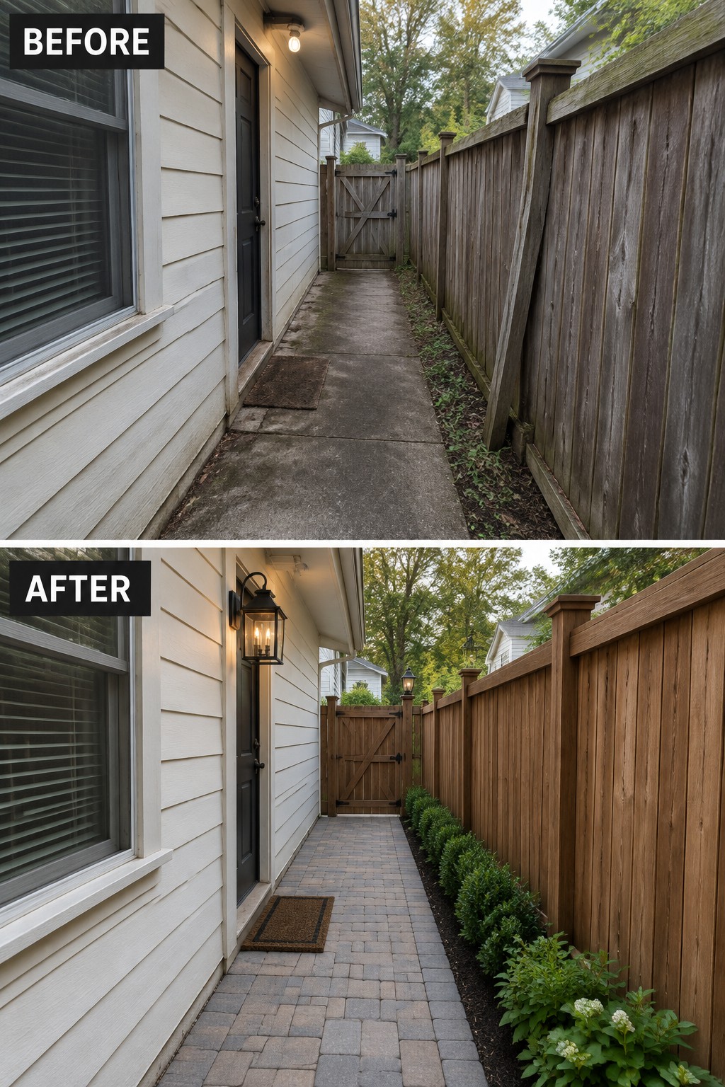 Before and after of renovated side walkway with new pavers, fence, and plants