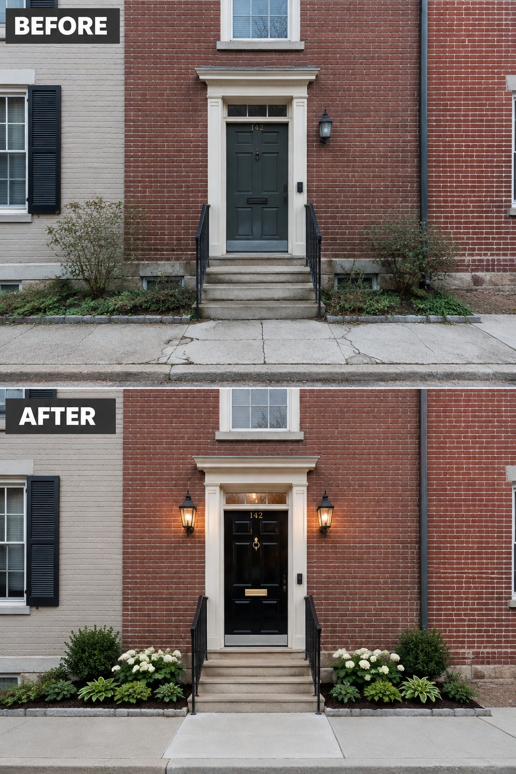 Before and after of red brick house entrance with black door and new landscaping.