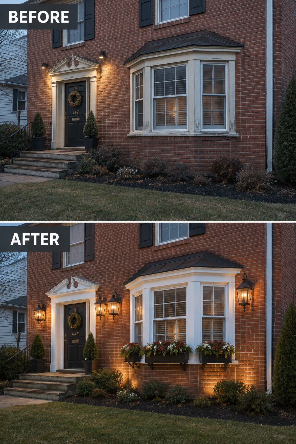 Before-and-after image of a brick colonial house exterior updated with traditional black lantern lighting around the front door and bay window.