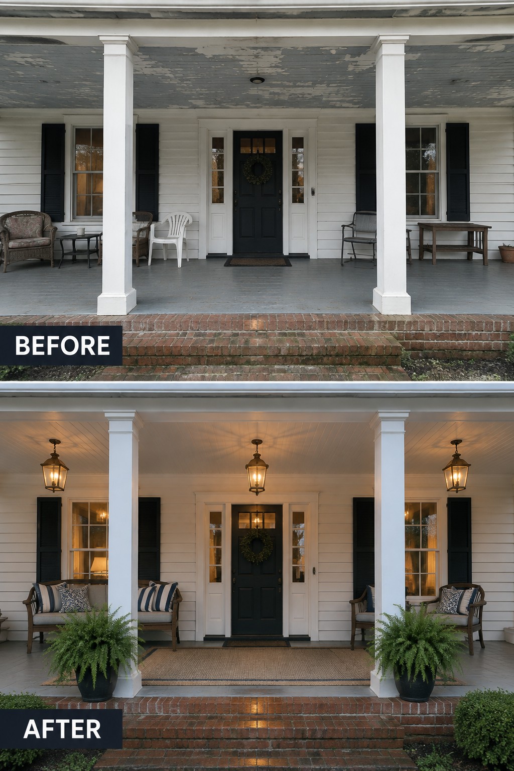 Before-and-after porch with new lanterns, ferns, cushions, and black door on white house