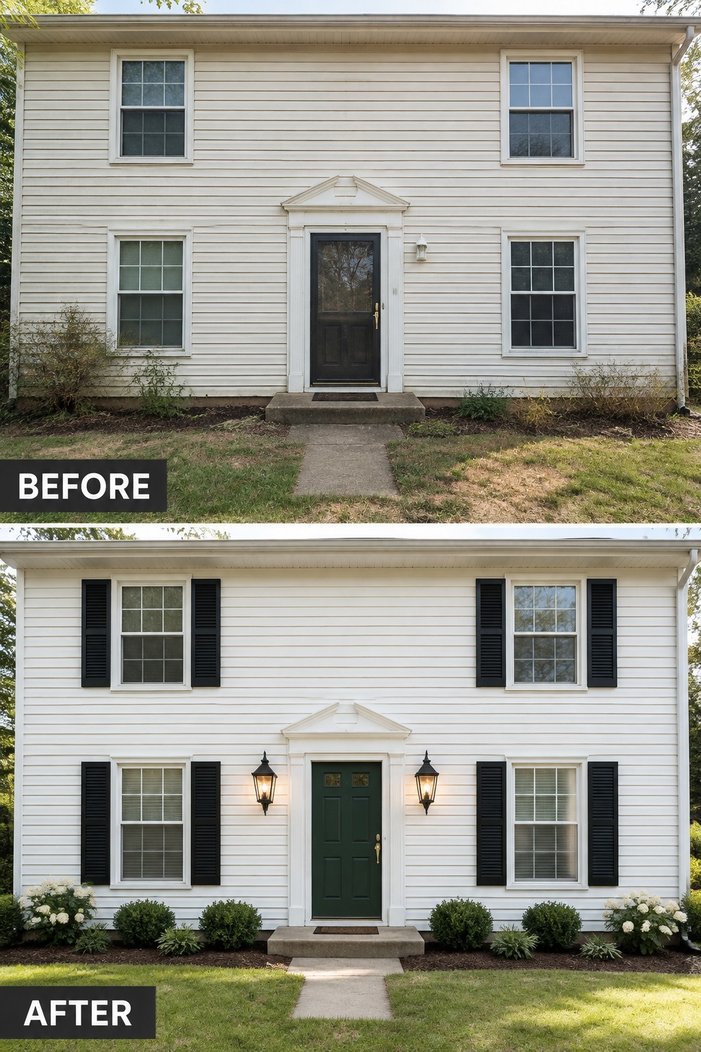 Before and after views of white house with new green door, shutters, and landscaping.