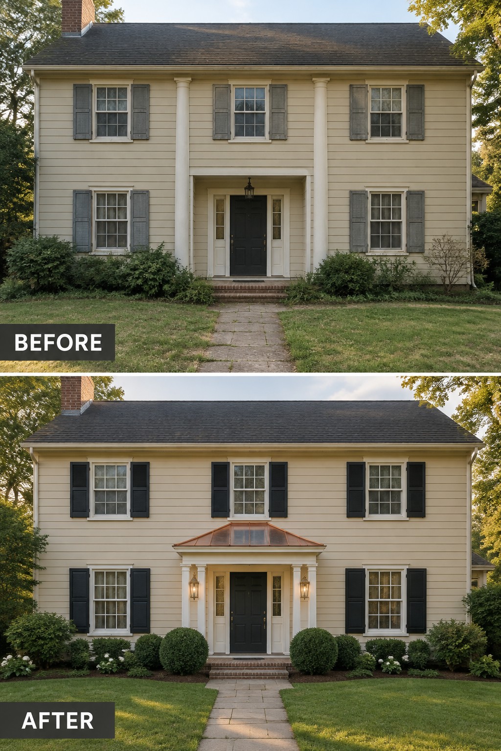 Before and after of beige two-story house with new copper portico and black shutters.