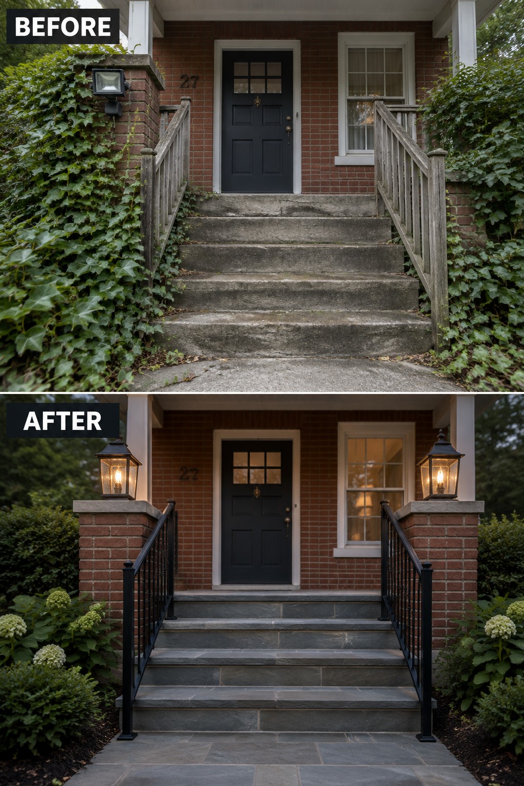 Before-and-after image of a colonial brick house entry updated with traditional lantern lights on the brick posts, new black railings, and stone steps.