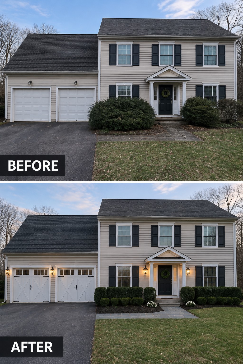 Before-and-after image of a colonial house exterior updated with traditional lantern lights flanking the garage and front entry.
