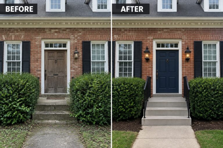 18 Polished Colonial House Exteriors Using Traditional Lantern Lighting Before and after of brick house entrance with blue door, railings, and lights