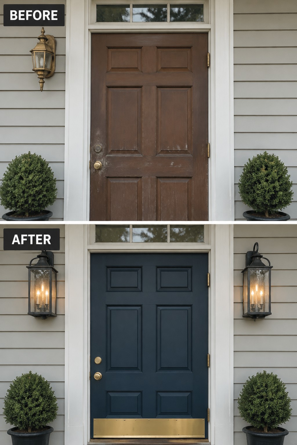 Before-and-after image of a colonial front door changed from a weathered brown finish with one lantern to a dark navy door with matching traditional lanterns on both sides and a brass kickplate.