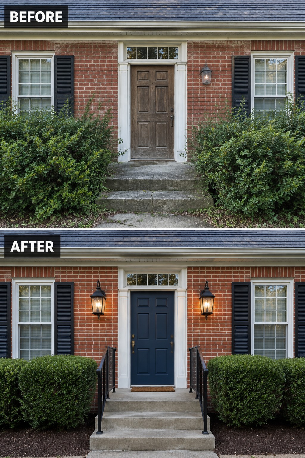 Before and after of brick house entrance with blue door, railings, and lights