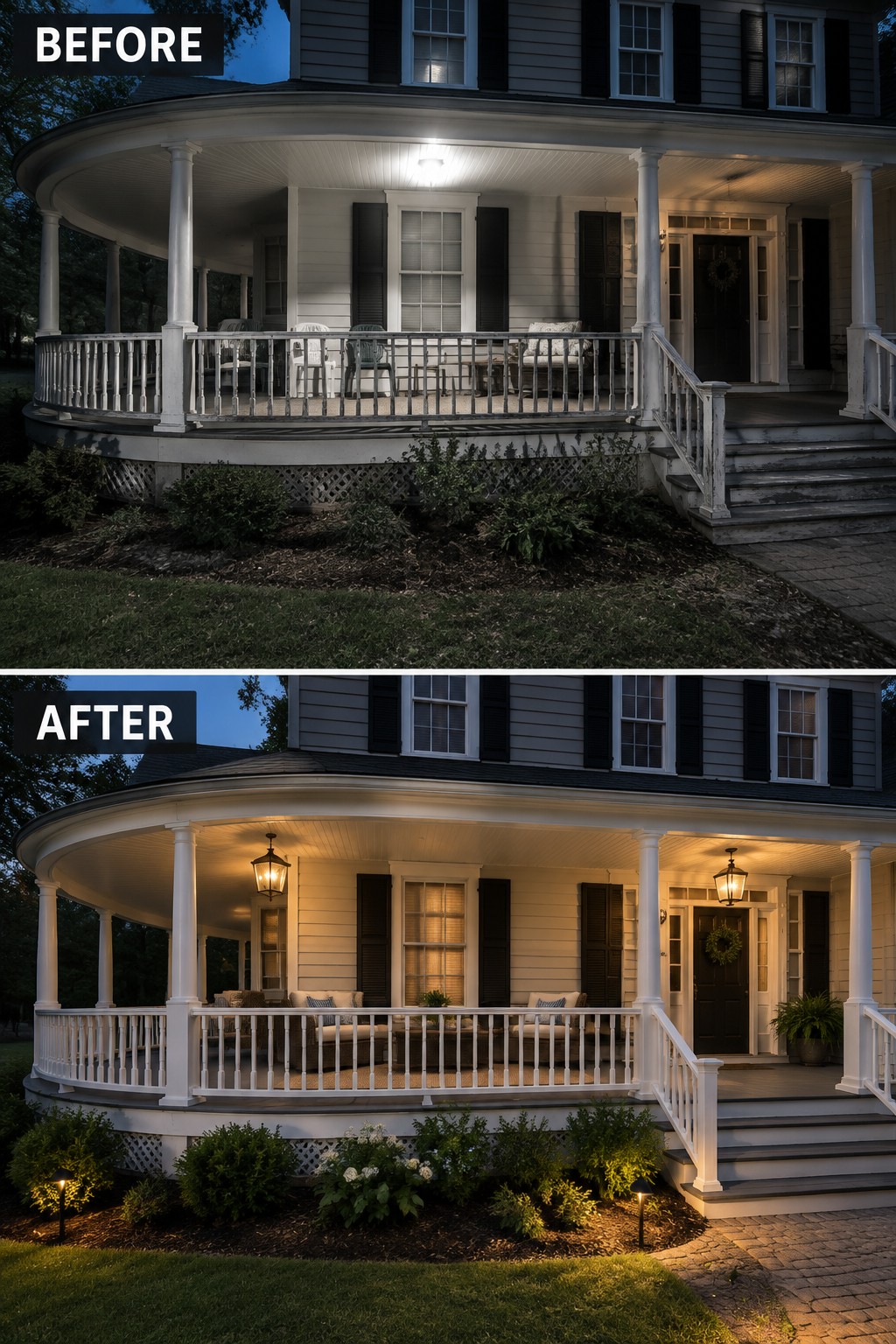 Before and after of house porch with new lanterns, seating, and landscape lighting