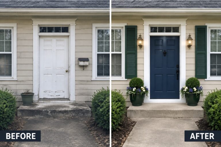 19 Bold Front Door Makeovers Using Deep Green and Navy Paint Before and after of beige house doorway painted navy blue with new planters and lanterns.