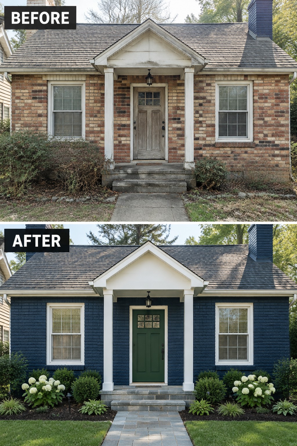 Before-and-after image of a brick house exterior painted navy blue with a deep green front door and updated landscaping.