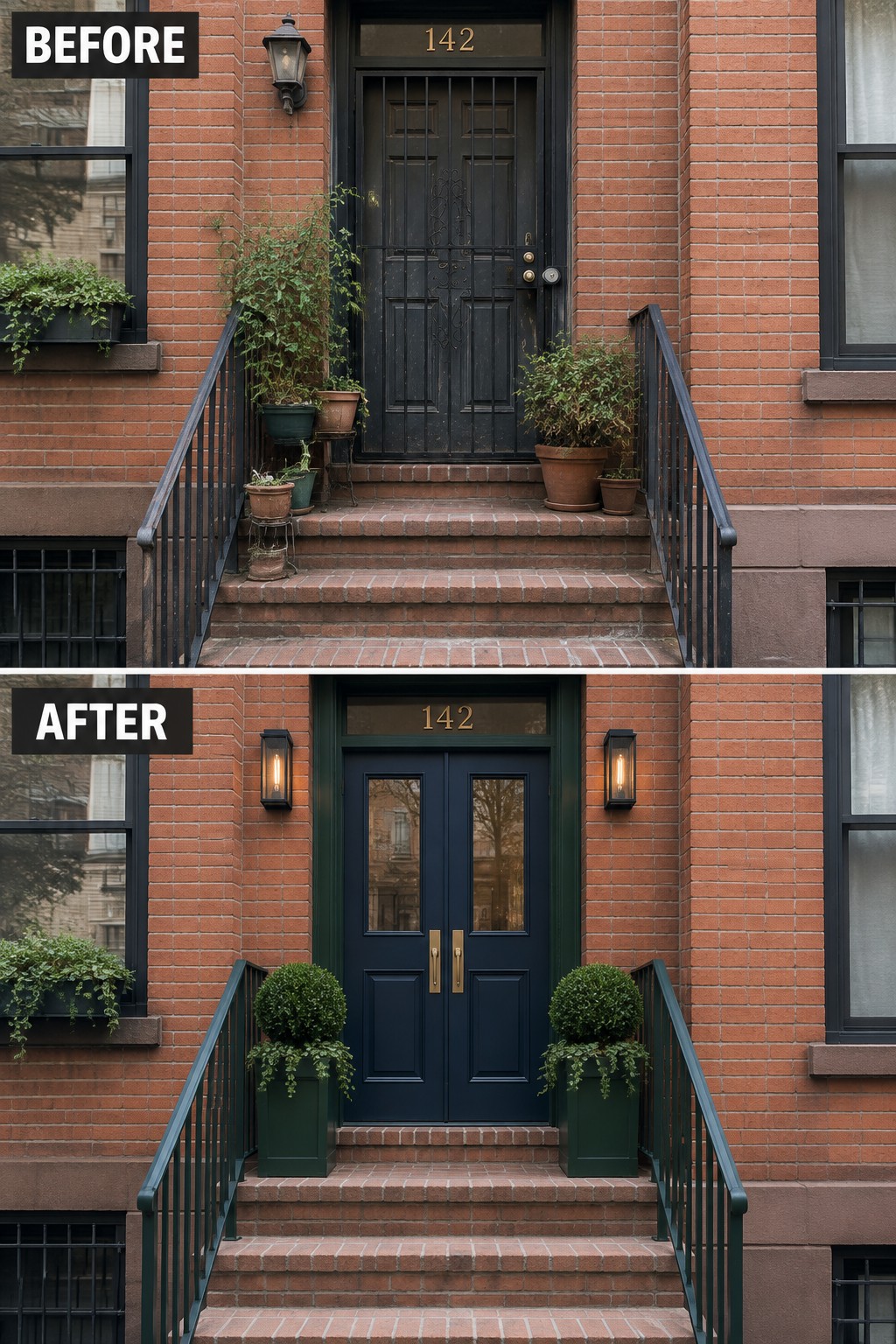 Red brick entrance before and after: black door replaced by blue double doors with green planters.
