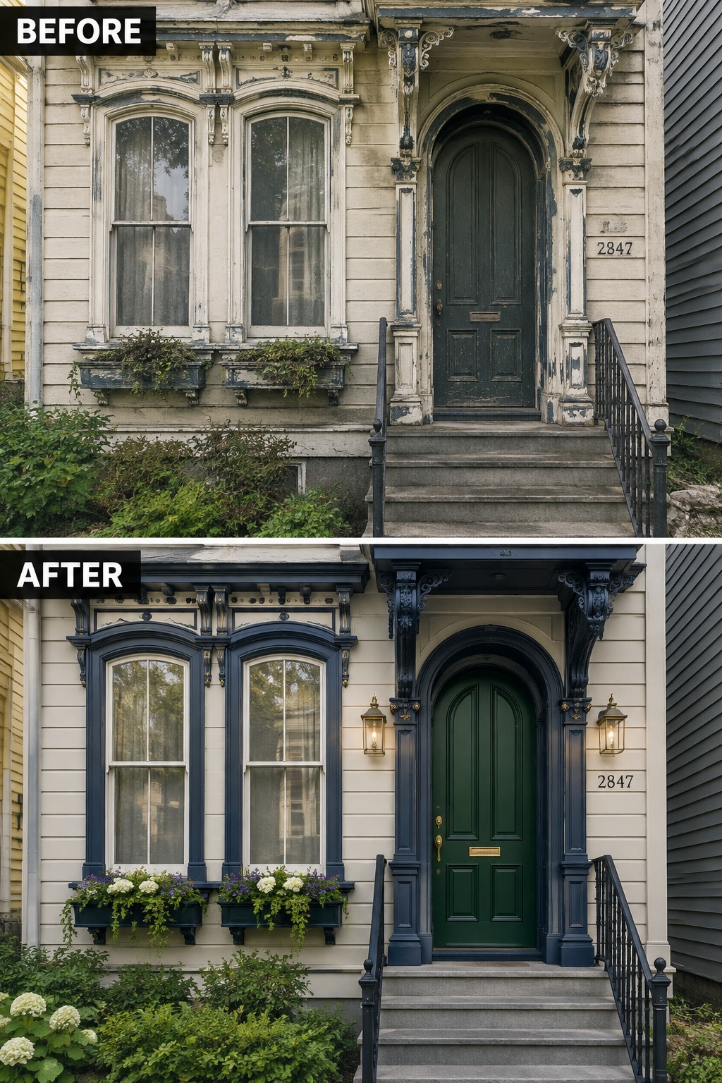 Before-and-after image of a weathered house entrance updated with navy trim and a deep green front door.