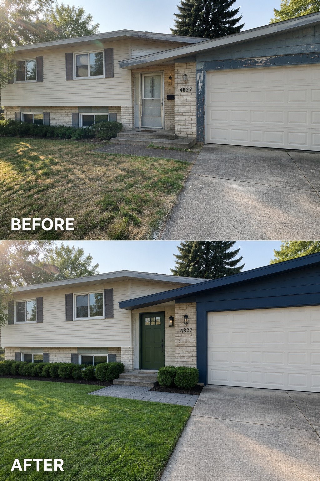 Before-and-after image of a house exterior with beige siding, updated by painting the trim navy and the front door deep green.