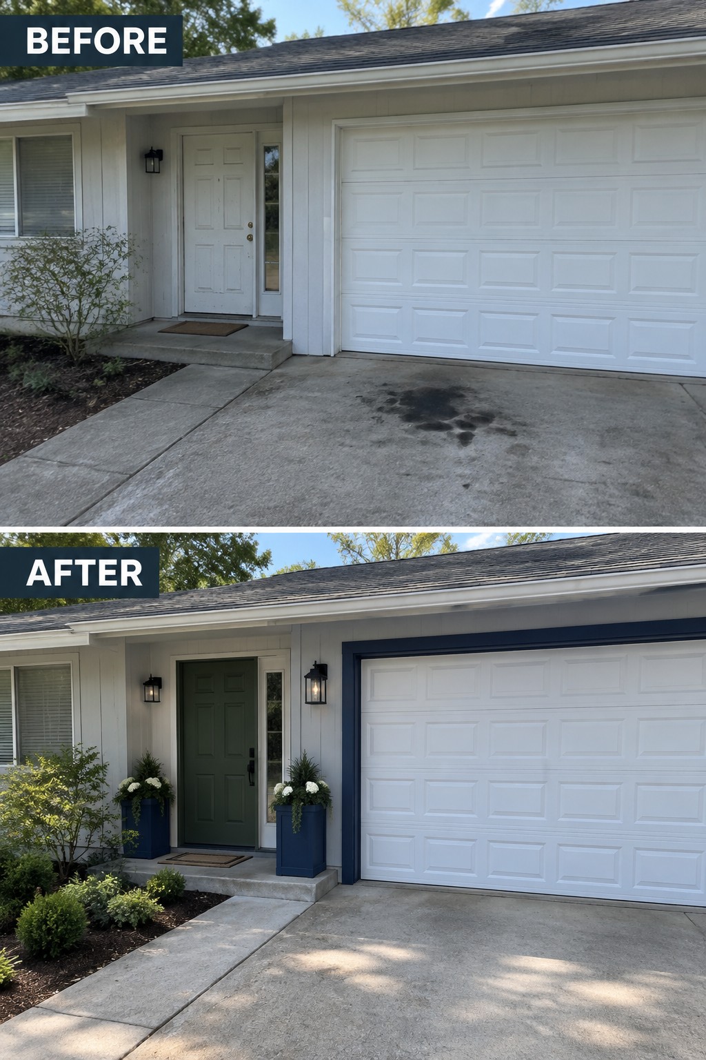 Before-and-after image of a house exterior with a white door and garage updated with a deep green door, navy trim around the garage, and added planters.