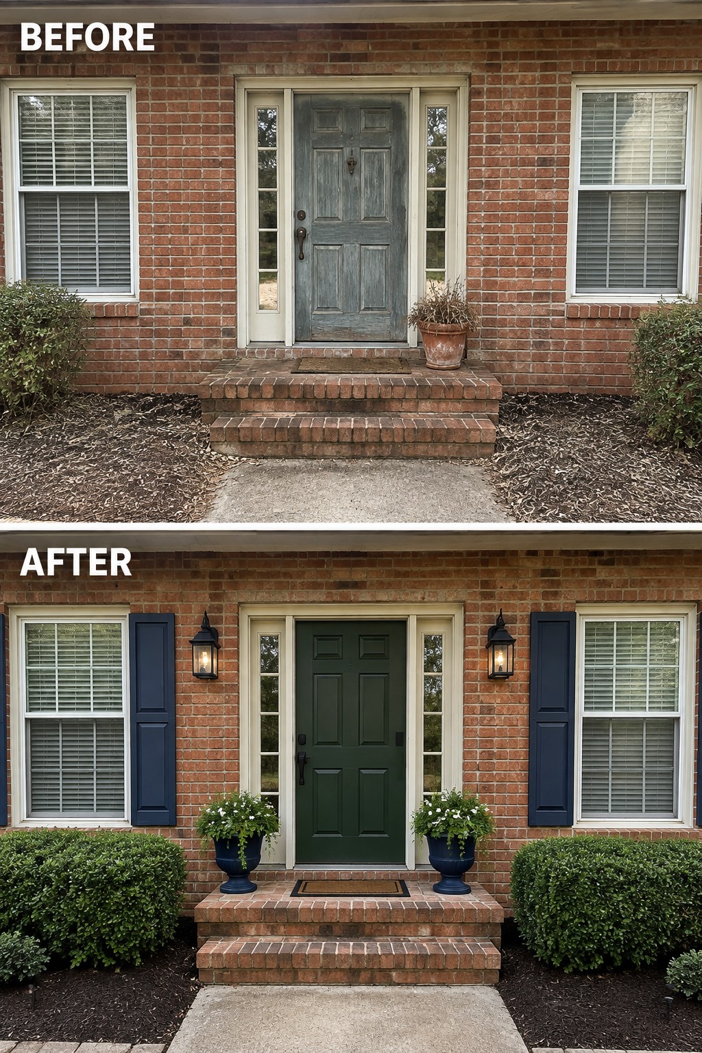 Before-and-after brick house entrance with green door and added navy shutters.