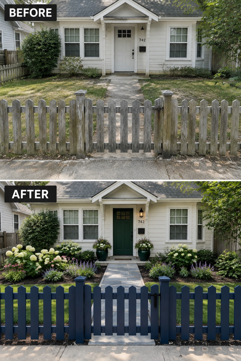 Before-and-after house exterior with new navy fence, green door, and blooming garden beds.