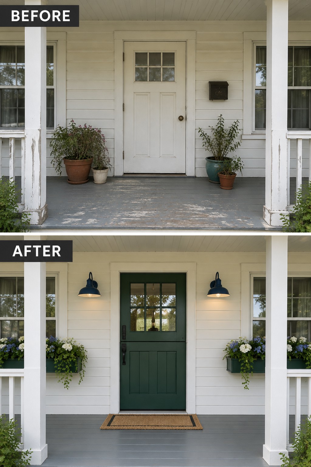 Before-and-after porch: white door replaced by green with blue sconces and flower boxes.