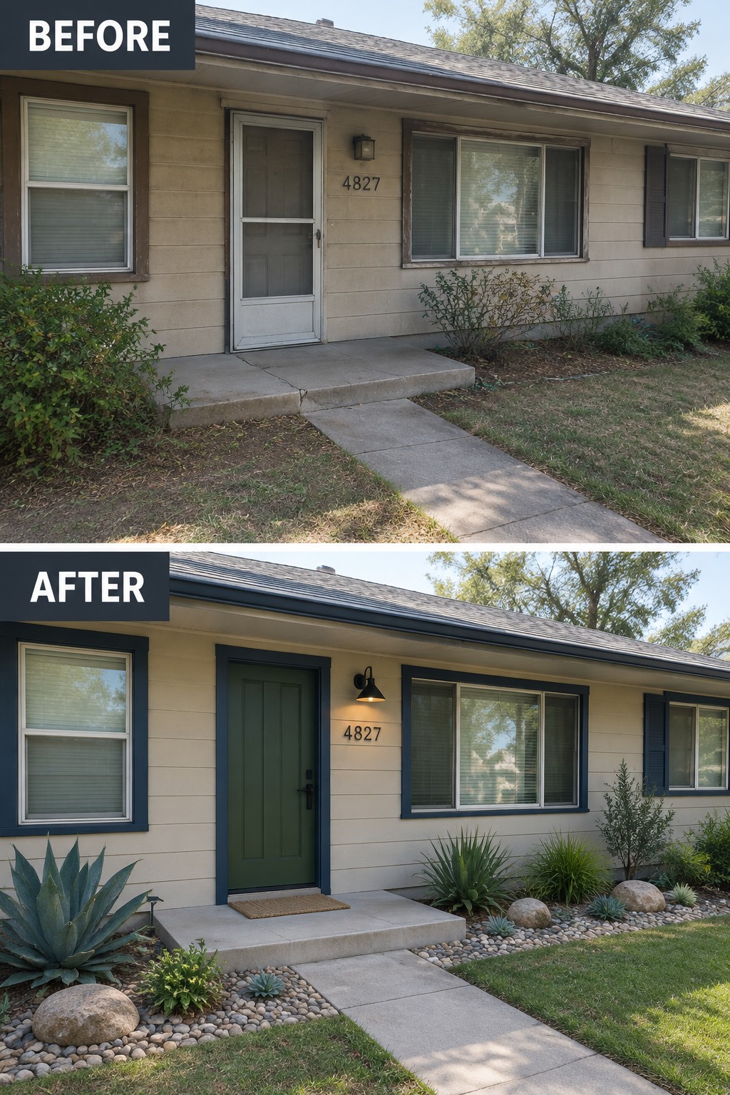 Before and after house exterior with green door, dark trim, and new rock landscaping.