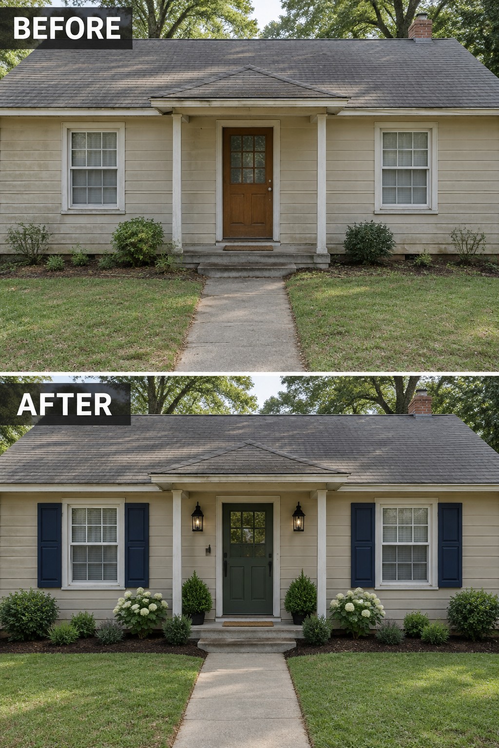 Before-and-after image of a house exterior showing the front door changed from brown to deep green with navy shutters added to the windows.