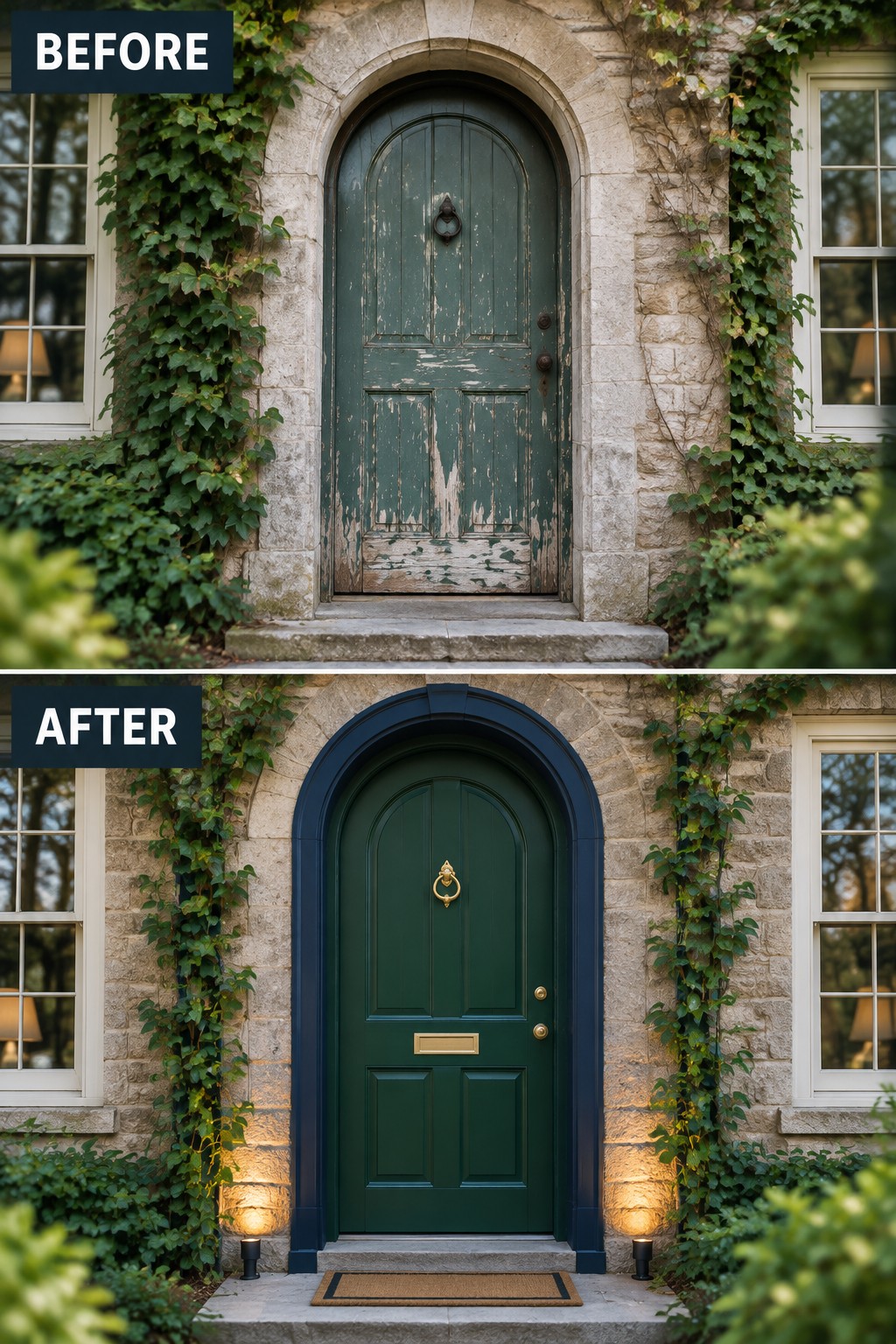 Before and after of green arched door on ivy stone house, renovated with navy trim and lights.