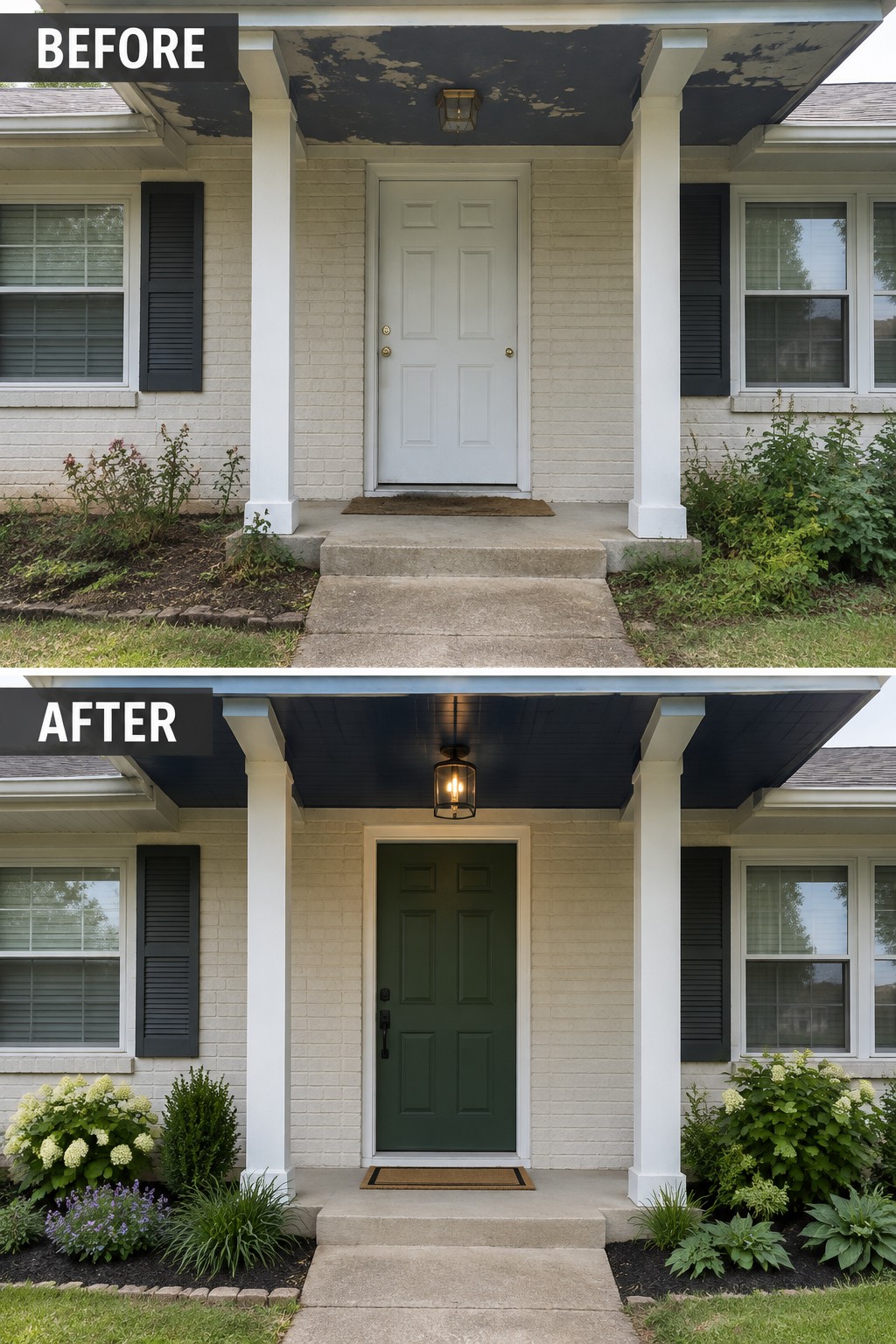 Before-and-after image of a front porch with the door changed from white to deep green and the ceiling painted dark navy.