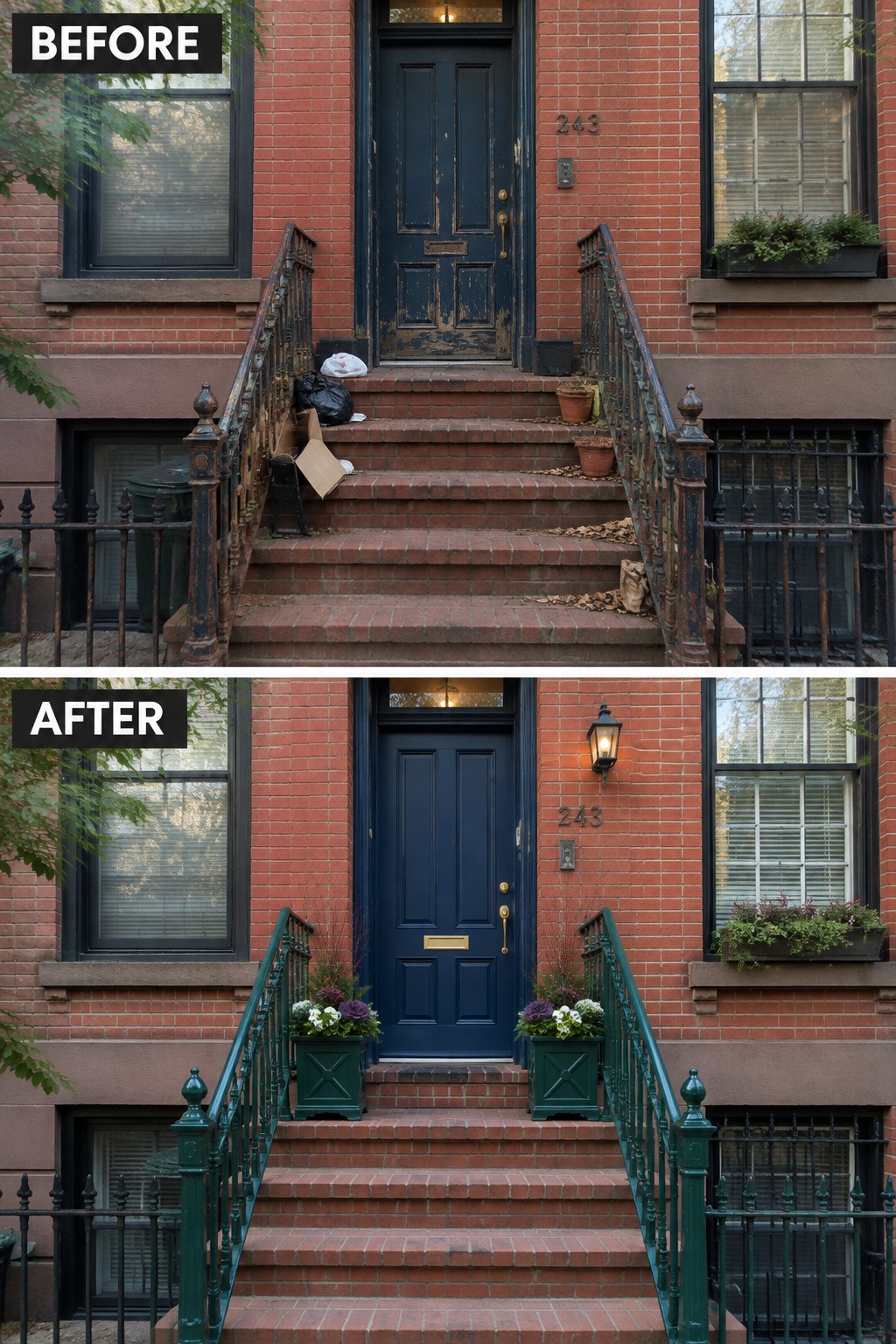 Before-and-after view of red brick stoop: cluttered to clean with green railings and plants.