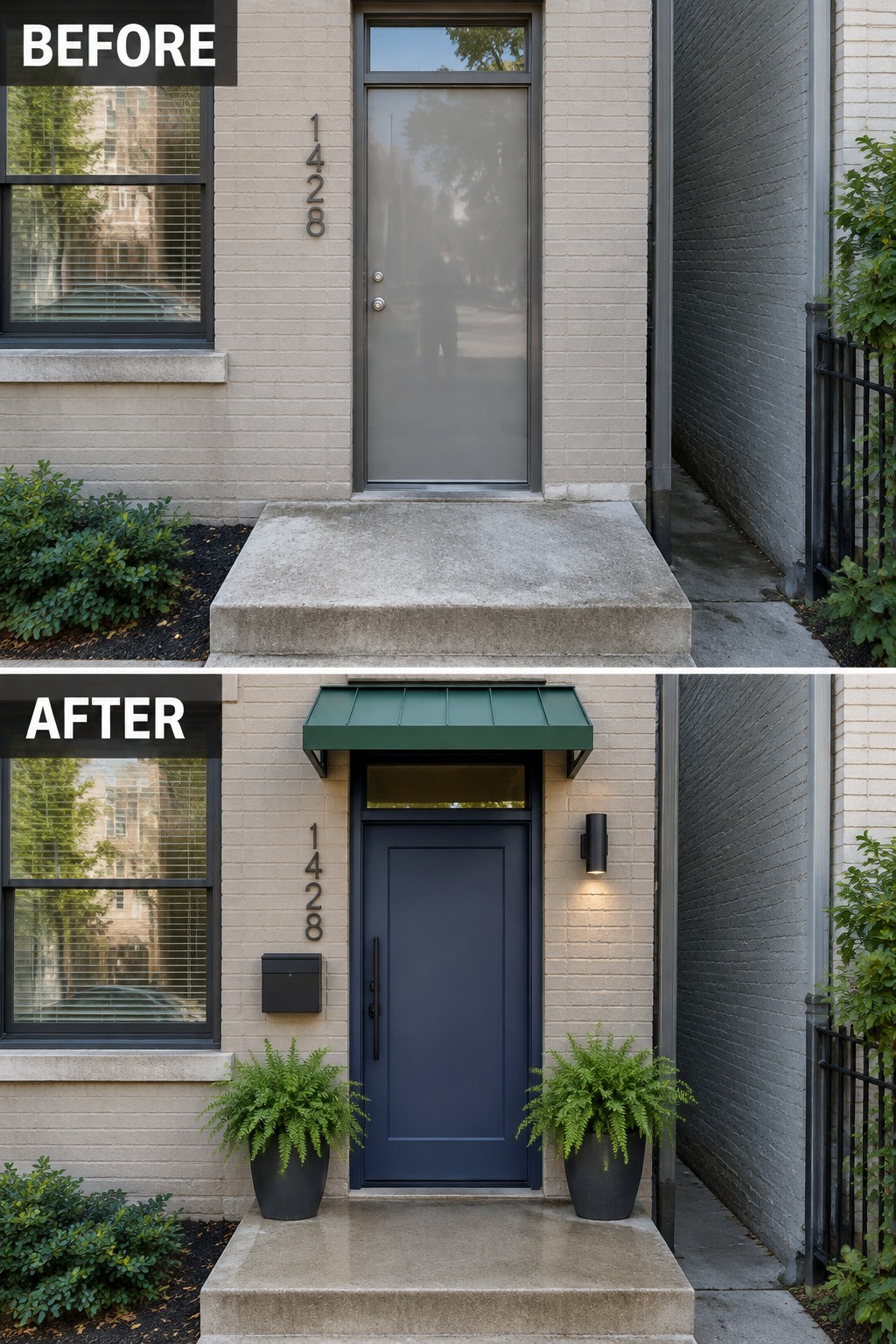 Before and after brick house entrance with new blue door, green awning, potted plants