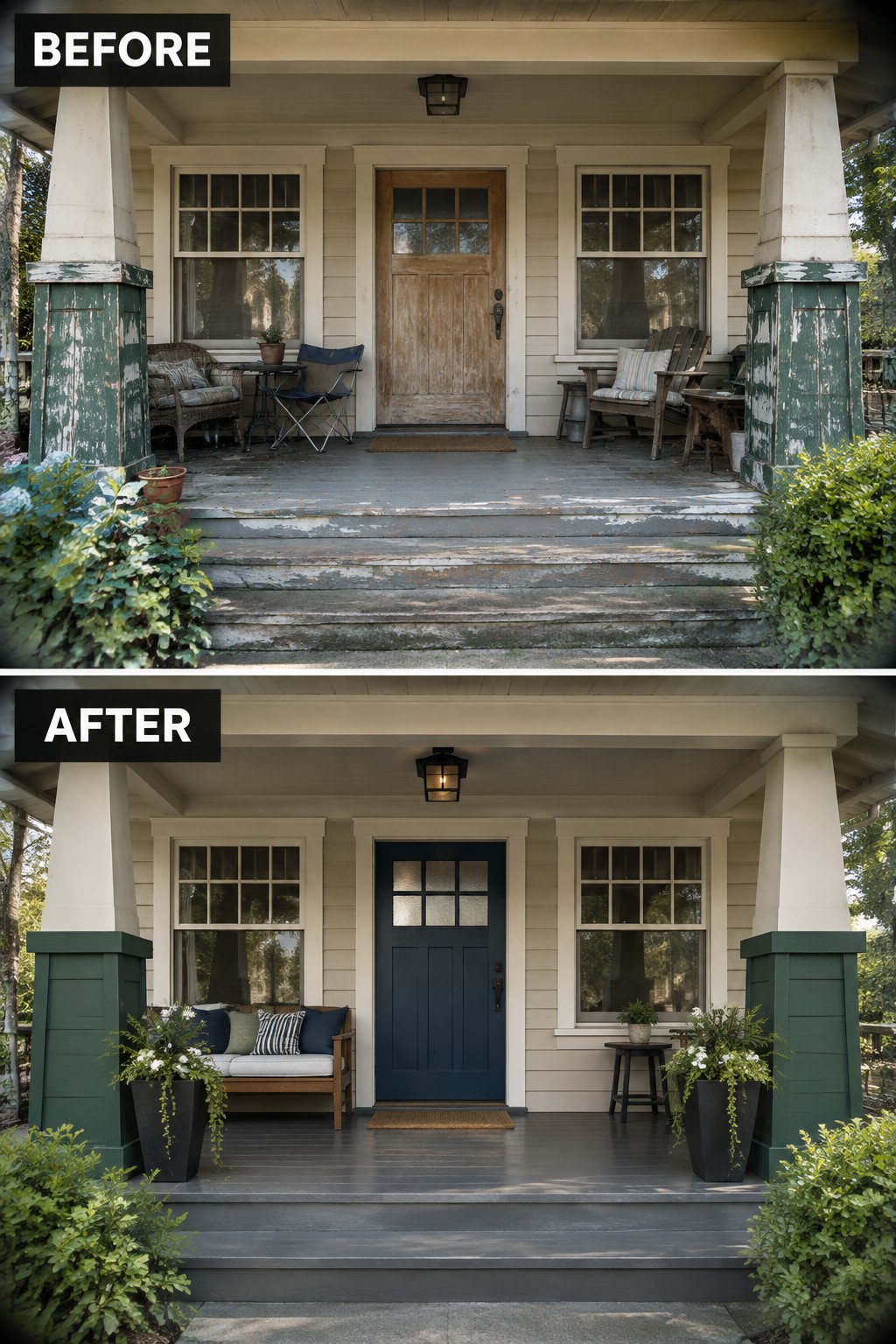 Before-and-after image of a front porch with a weathered wood door changed to navy blue, columns repainted solid green, and new planters added on the steps.