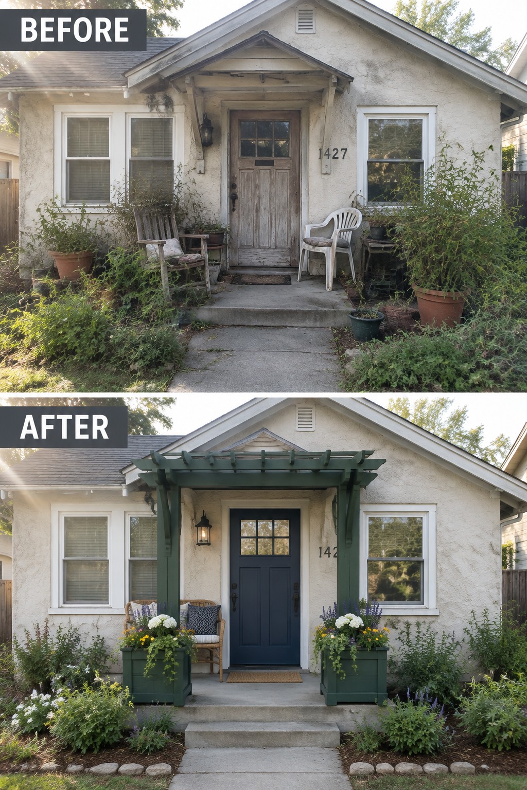 Before and after house exterior with new blue door, green pergola and planters