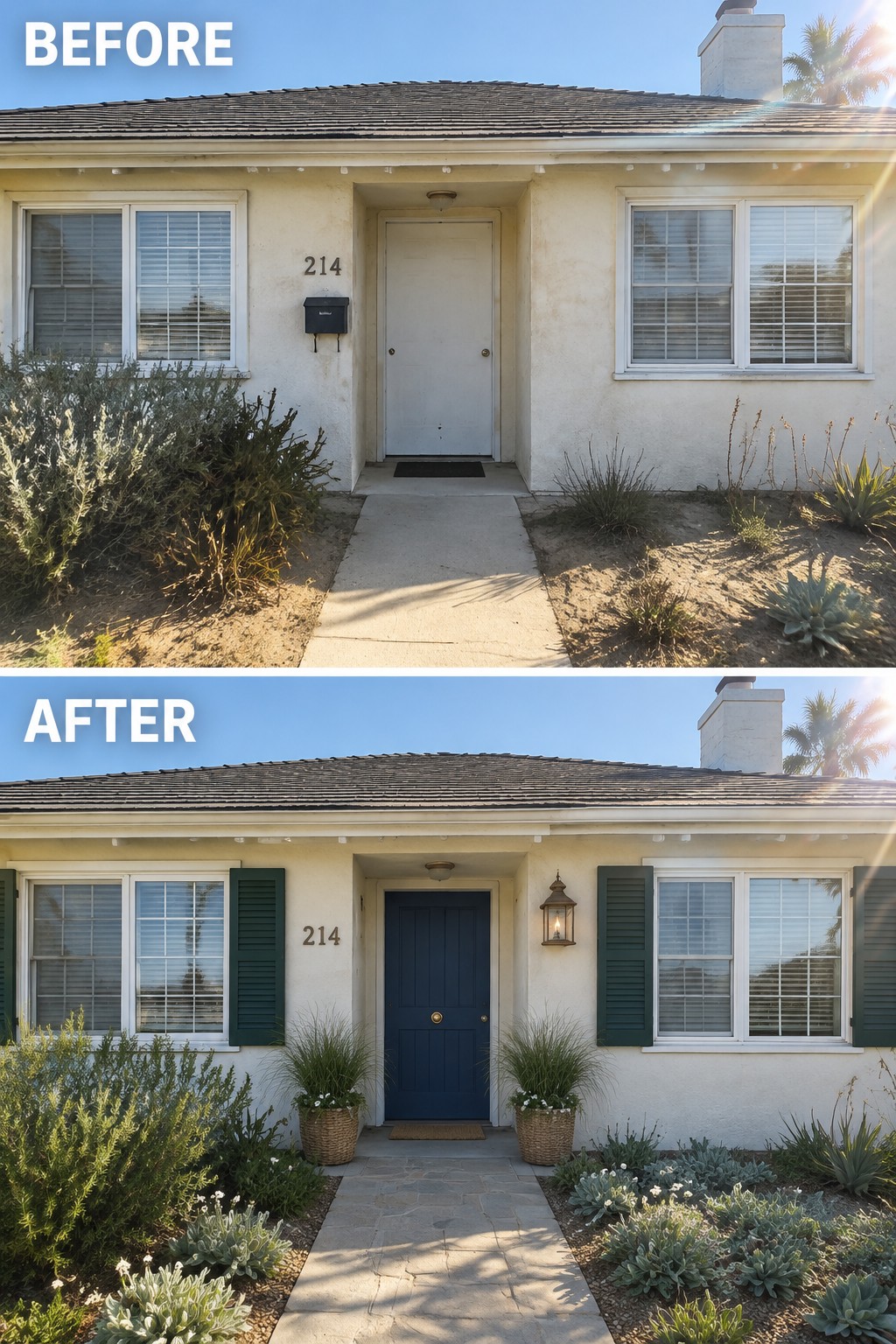 Before and after view of house with new blue door, shutters, and garden landscaping.