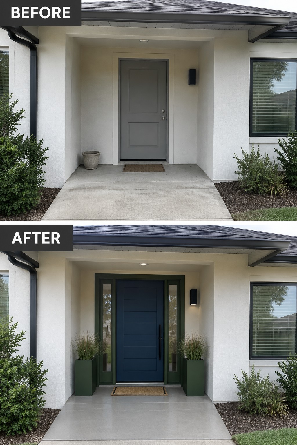 Before gray door and after blue door with green trim and tall planters