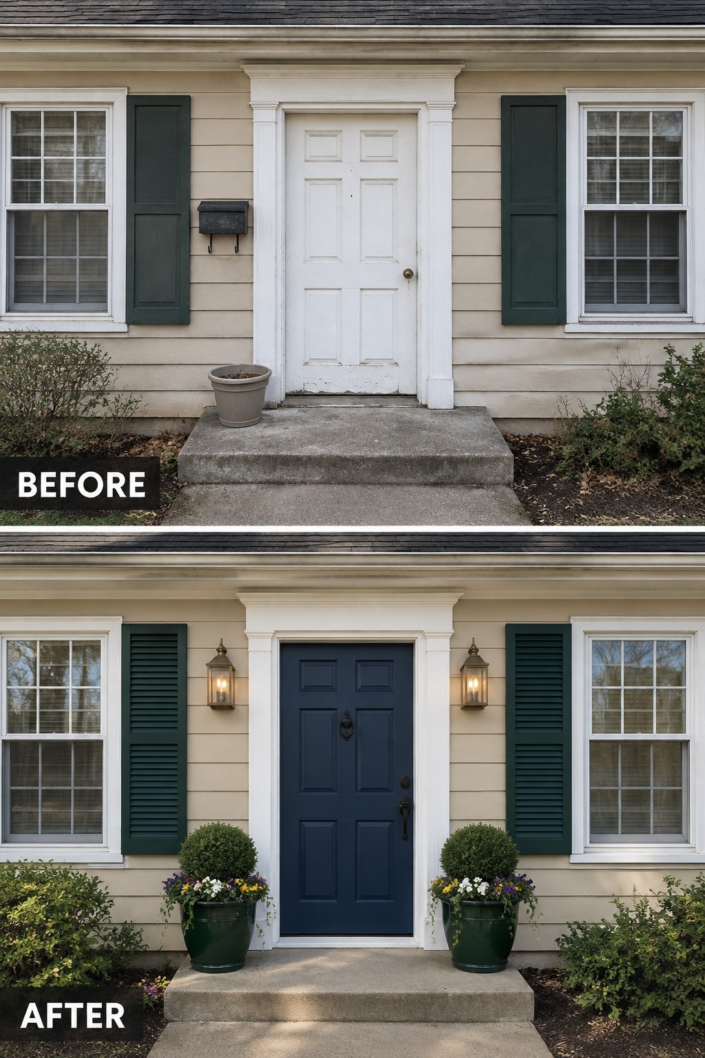 Before and after of beige house doorway painted navy blue with new planters and lanterns.
